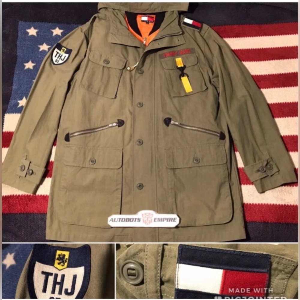 NWOT Vintage 90s Tommy Hilfiger Jeans Military Trench Jacket L Stadium Sportsman